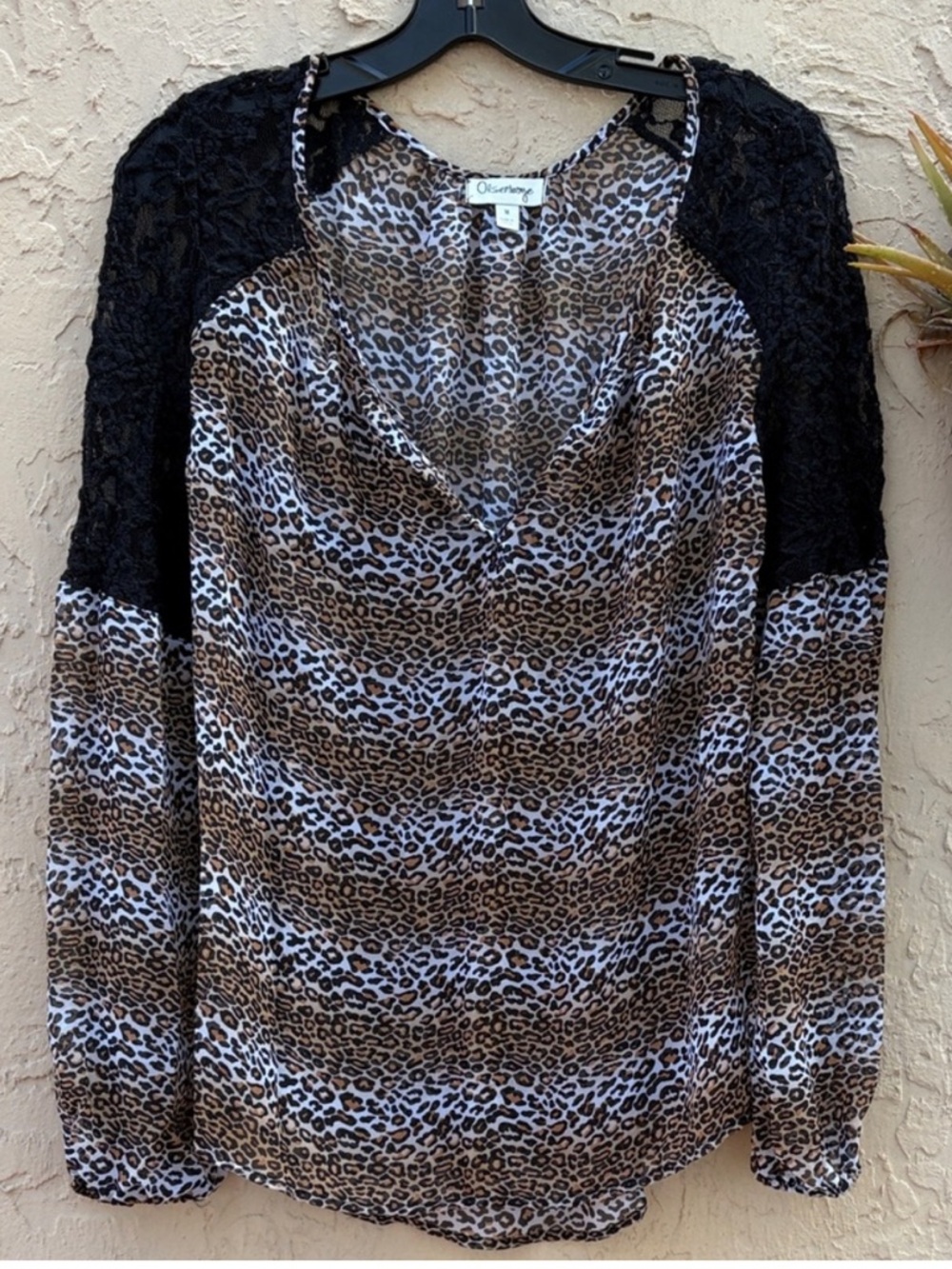 Olsenboye Leopard Print Lace-Shoulder Blouse in Brown